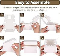 Vista 4 de Moretoes 120 cajas blancas para panadería, cajas de galletas de 4 x 4 x 2.5 pulgadas con ventana para pasteles pequeños, golosinas, donas, dulces