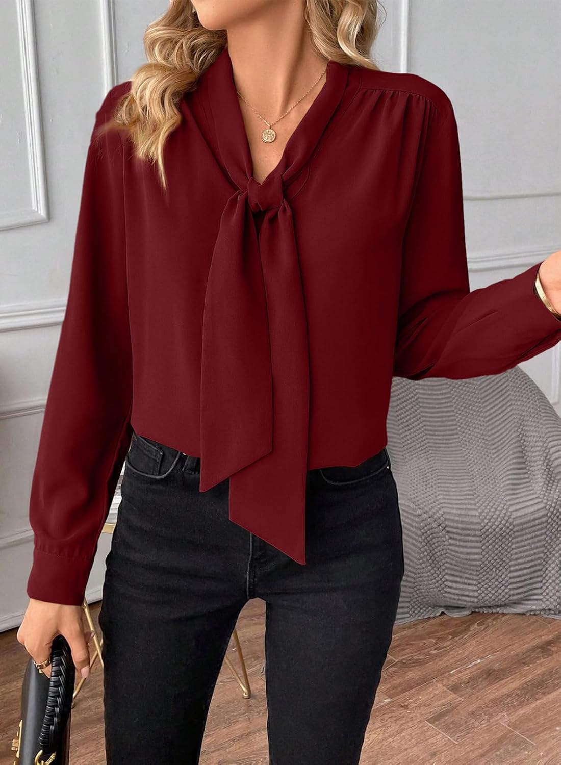 Astylish Womens Dressy Casual Blouses Bow Tie Neck Long Sleeve Elegant Business Work Shirt Tops - Image 5