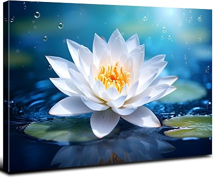 Lotus Flower Wall Art Zen Living Room Wall Decor White Water Lily Floral Canvas Picture Spa Yoga Room Decor Nature Botanical Plant Painting Meditation Poster Spiritual Artwork Home Decoration 16x24