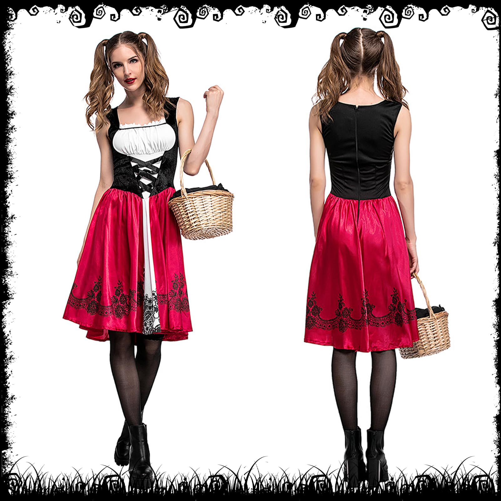 Karneval Rotkäppchen Kostüm Damen: Halloween Hexe Prinzessin Kleid und Umhang mit Kapuze Erwachsene - Hexenkostüm Little Red Riding Hood Outfit für Fasching Cosplay Carnival