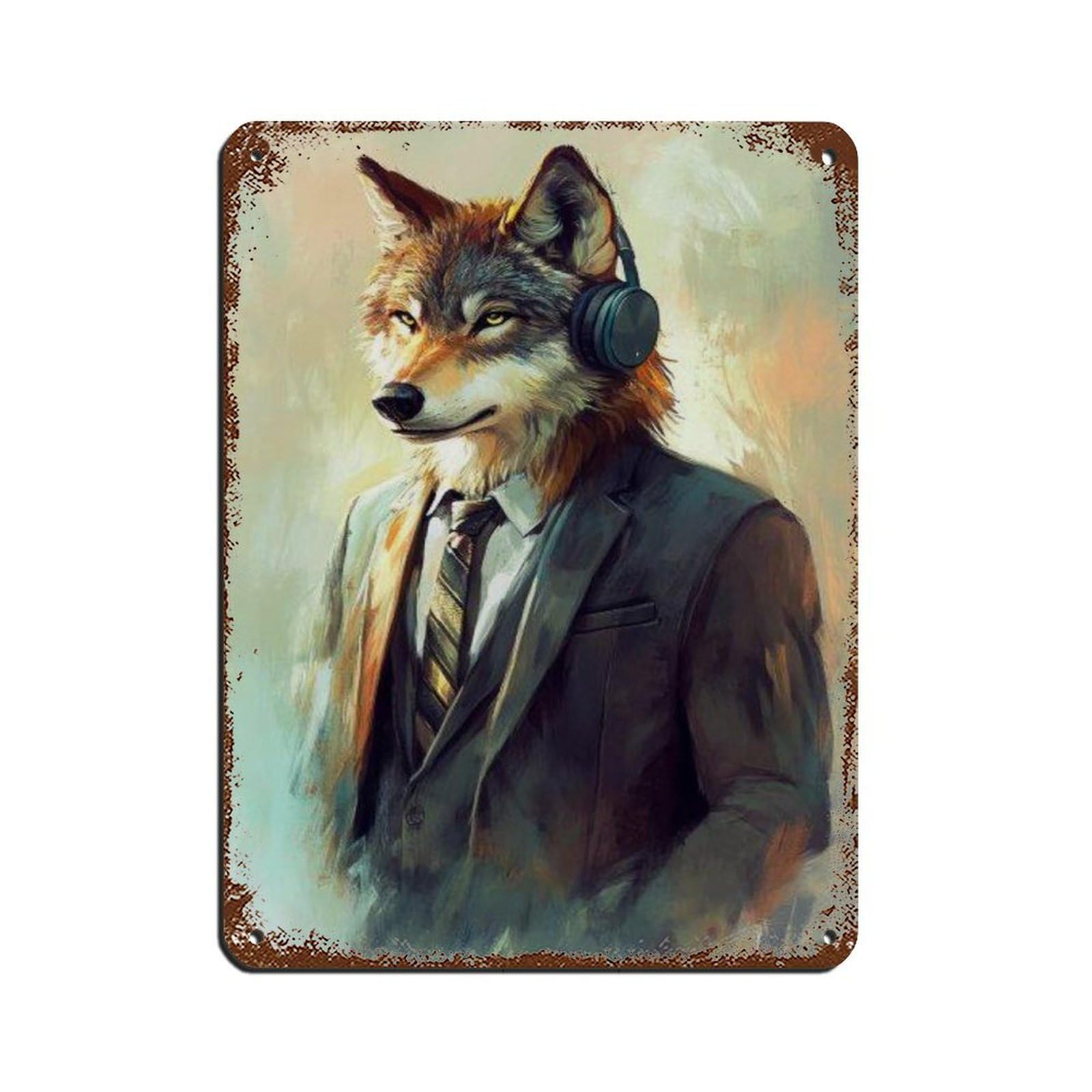 Wolf in Suit with Headphones Retro Poster Metal Tin Sign Chic Art Retro Iron Painting Bar People Cave Cafe Family Garage Poster Wall Decoration 12x16inch(30x40cm)