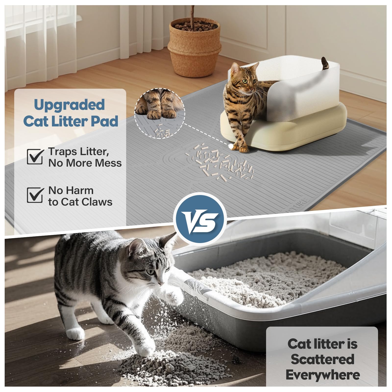 Kalolary Alfombra Arenero para Gato – Tapete de Silicona Impermeable, Antideslizante y Suave, Fácil de Limpiar, Multiuso para Arenero, Comedero, Cocina (Gris Clair, 45'' x 30'')
