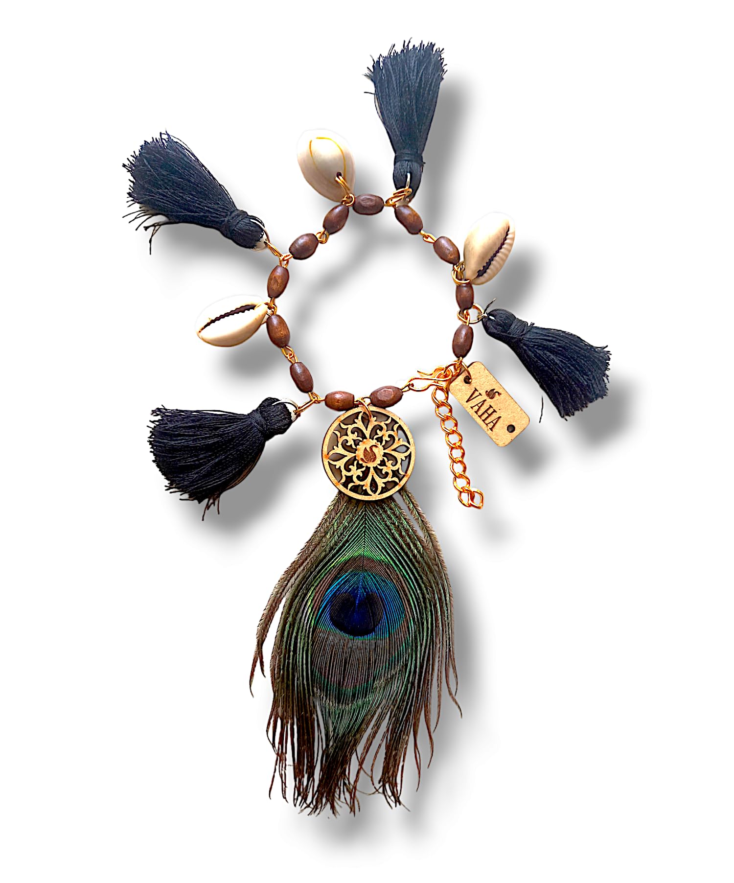 VAHA Midnight Elegance bracelet for positive energy (peacock feather, cowrie shell, tassels) (B0D94KR4ZK) Amazon Price History, Amazon Price Tracker
