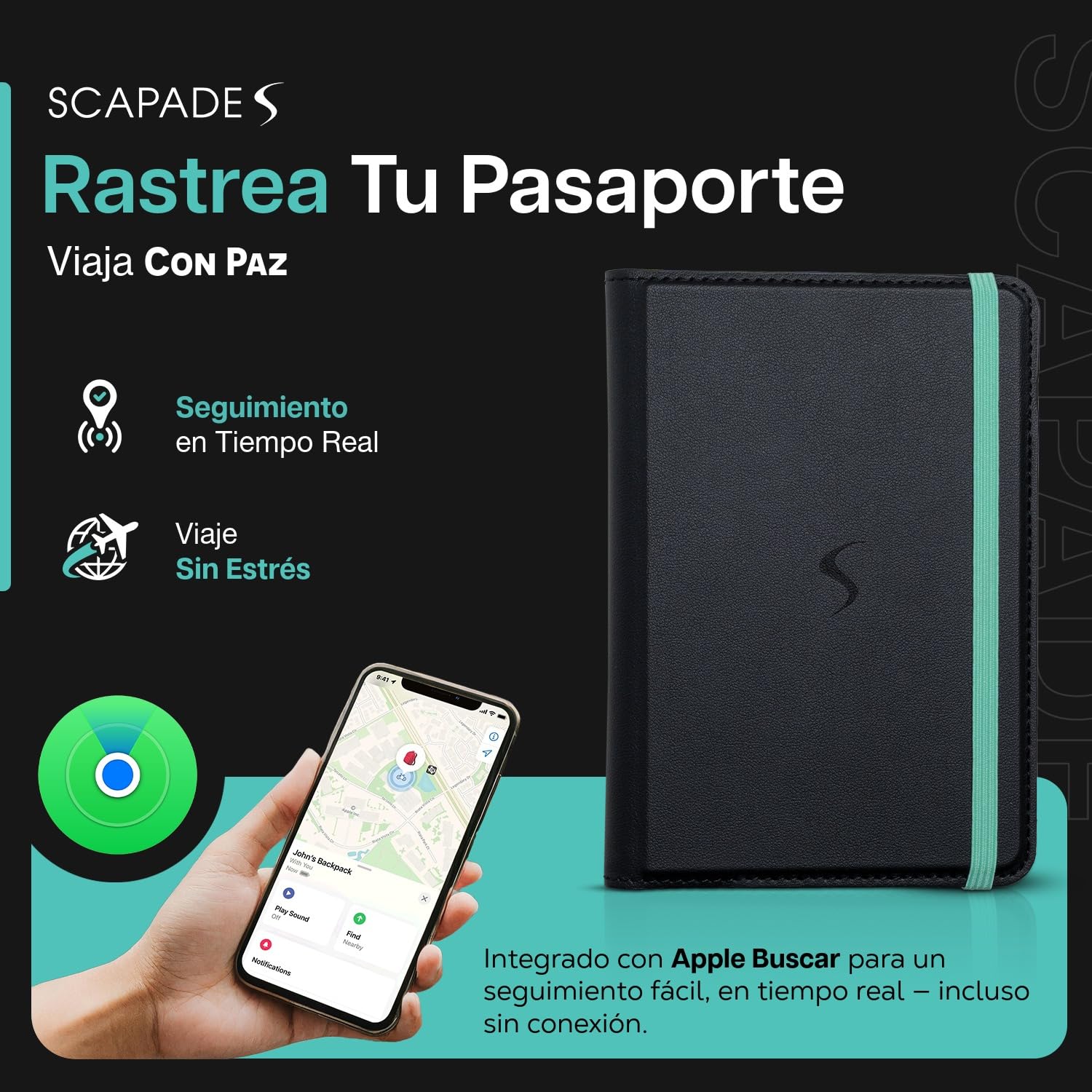 SCAPADE AirPass - Cartera para pasaporte rastreable, funciona con Apple Find My, batería recargable (5-6 meses), 3 ranuras para tarjetas, no necesita aplicación, elegante funda de viaje para usuarios