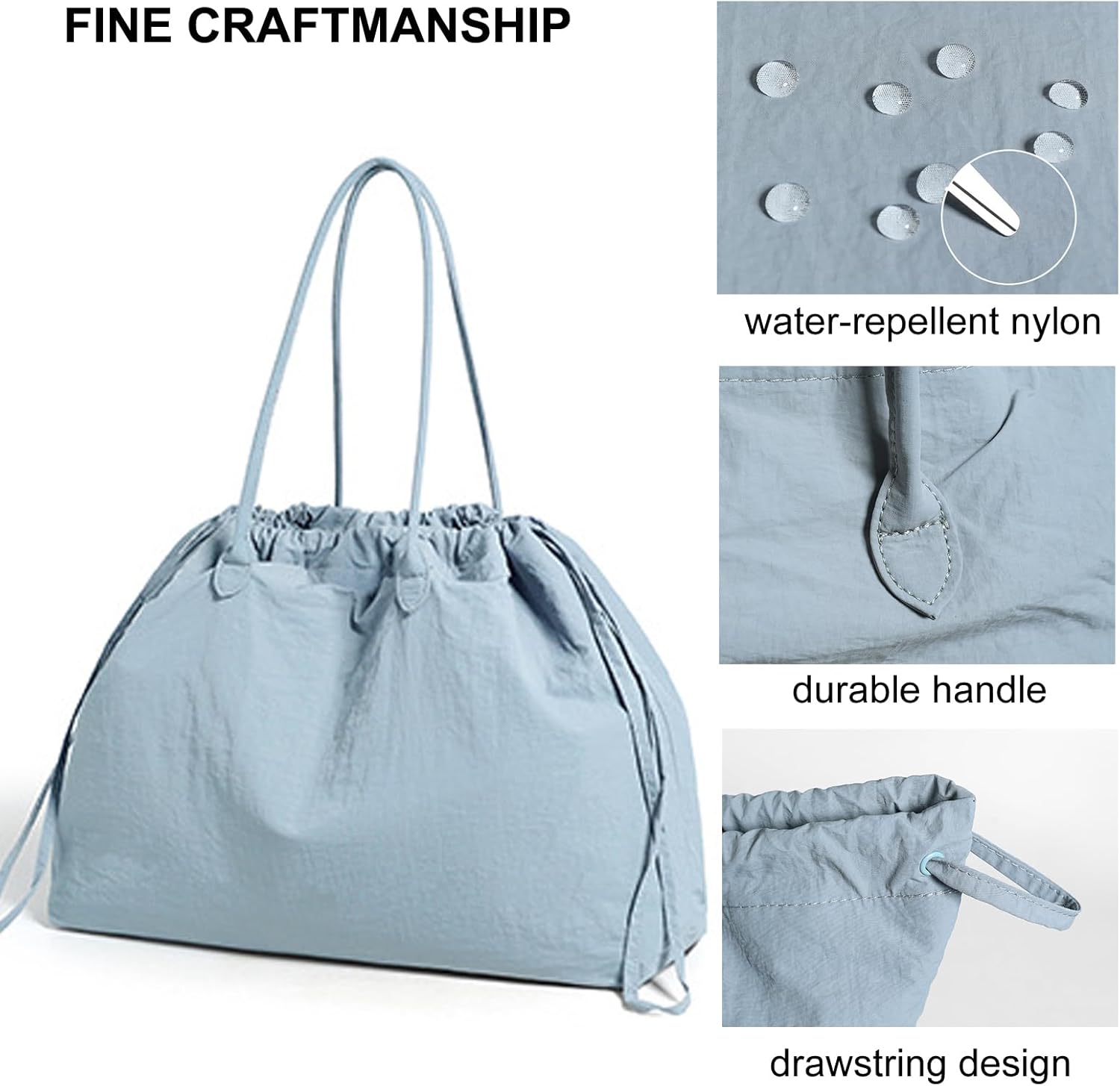 Nylon Tote Bag Drawstring Hobo Bags for Women Large Capacity Shoulder Bag for Travel Work College - Image 3