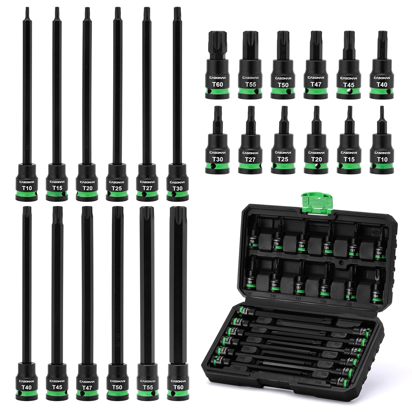 CASOMAN 24PCS 3/8-Inch Drive Extra Long and Standard Torx Bit Socket Set, T10-T60, Length: 2" & 6", CR-V & S2