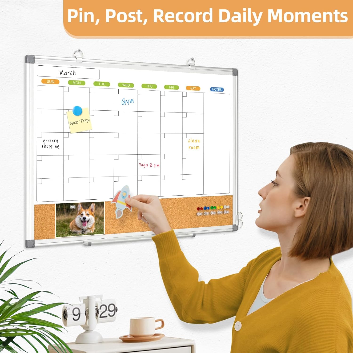 Dry Erase Calendar Whiteboard for Wall, WALGLASS 24" x 18" Double-sided Monthly Calendar White Board Cork Combo, Hanging Wall Mounted Bulletin Corkboards Silver Aluminum Frame for Home, Office, School