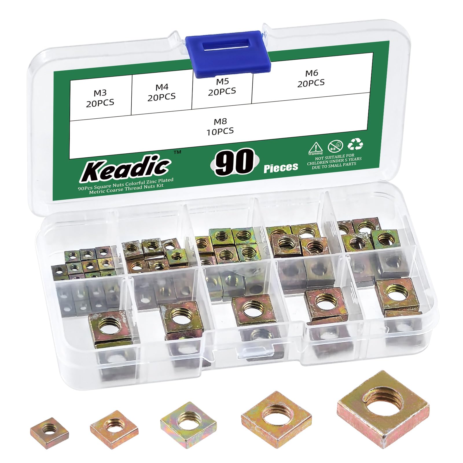 Keadic 90Pcs Yellow Zinc-Plated Square Nuts Assortment Kit, M3x5.5mmx2mm, M4x7mmx2mm, M5x8mmx3mm, M6x10mmx3mm, M8x13mmx4mm Coarse Thread Nut for Furniture, Electrical Appliances