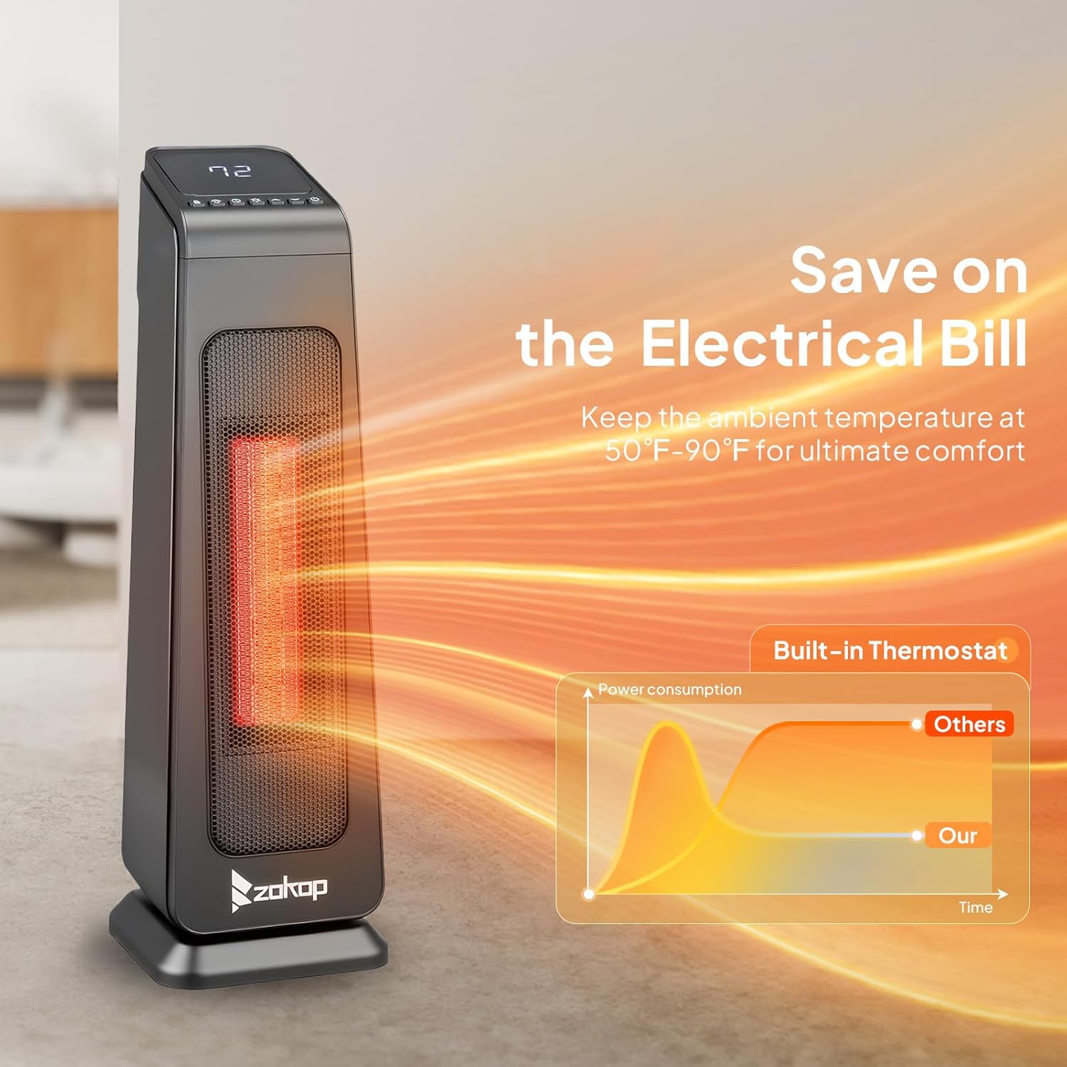 ROVSUN 1500W Tower Heater w/Remote Control, 23''H Electric Space Heater with 50-90℉ Temperature Adjustment & 70° Oscillation, Tip-over & Overheat Protection for Indoor Use Bedroom Living Room, Black