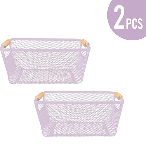 Miniatura 10 de Paquete de 2 cestas de acero de malla metálica con mango de bambú, cesta de metal de alambre para organización de cocina, contenedor organizador de