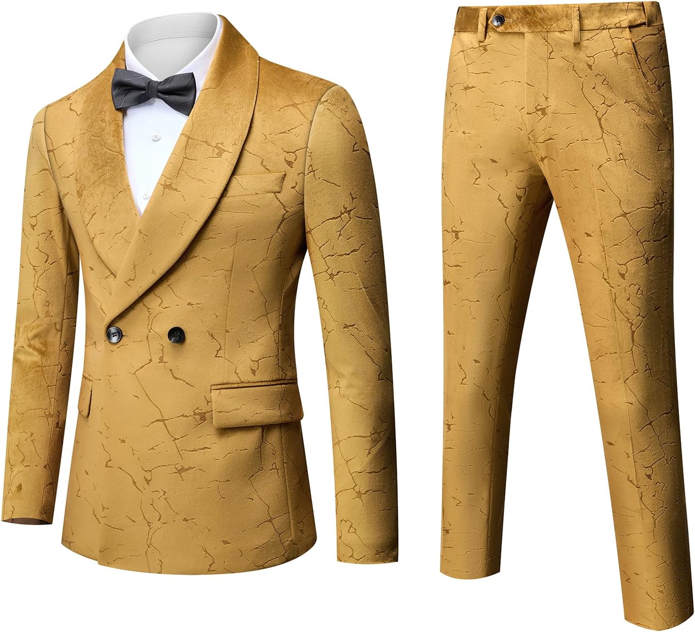 UNINUKOO Men's 2 Piece Suit Set Velvet Skinny Luxury Floral Dress Clothes Shawl Lapel Formal Party Wedding Tuxedo for Men