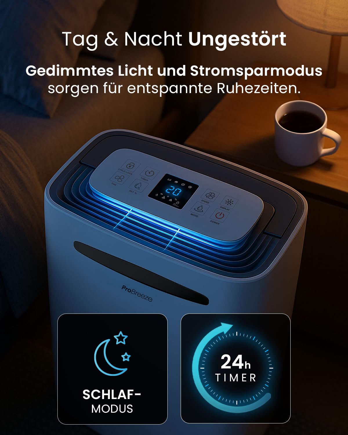 Pro Breeze Luftentfeuchter 20L in 24h Entfeuchtungsleistung - Raumgröße ca. 195m³ (~30 m²) - mit 4 Betriebsarten, Digitalanzeige, Ablaufschlauch, Wäschetrocknung, Timer - Gegen Feuchtigkeit, Schimmel