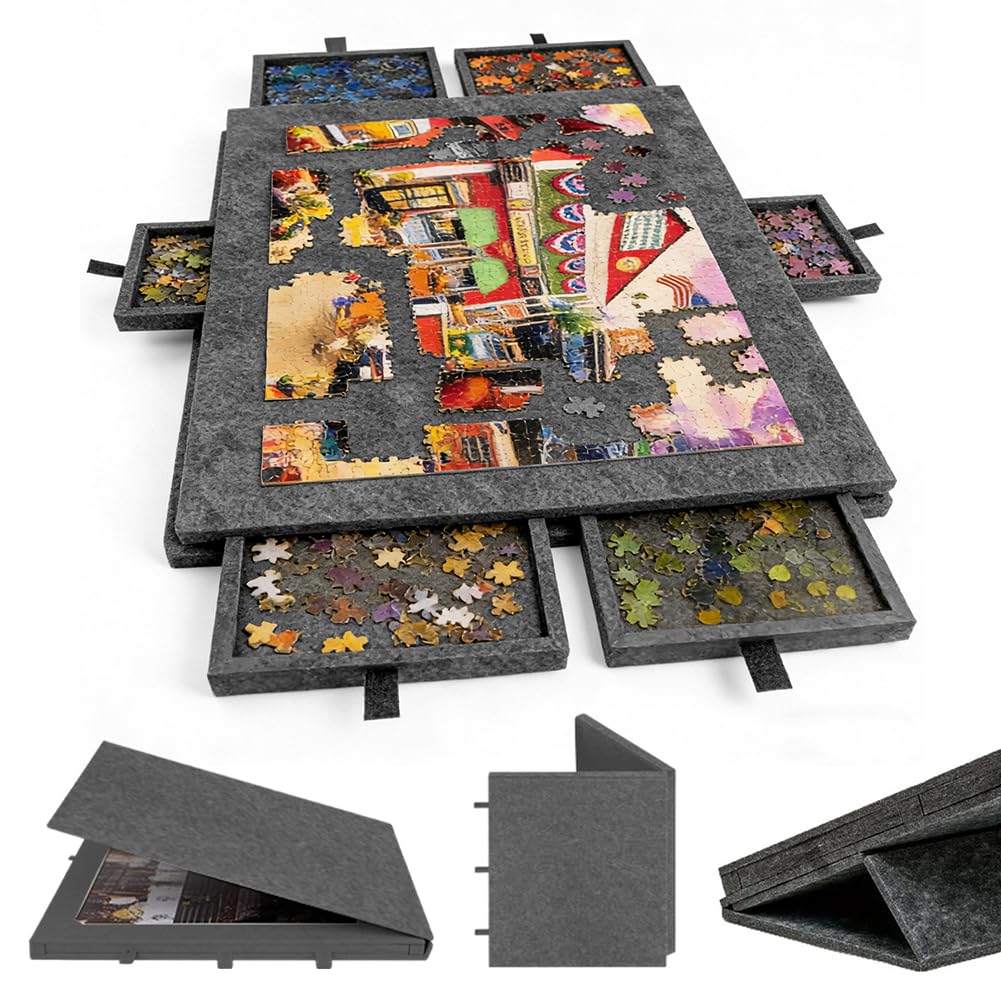 Mesa De Rompecabezas Inclinable 2 En 1 Con 6 Cajones Y Tapa Protectora – Para Puzles De Hasta 1000 Piezas, Gris Claro