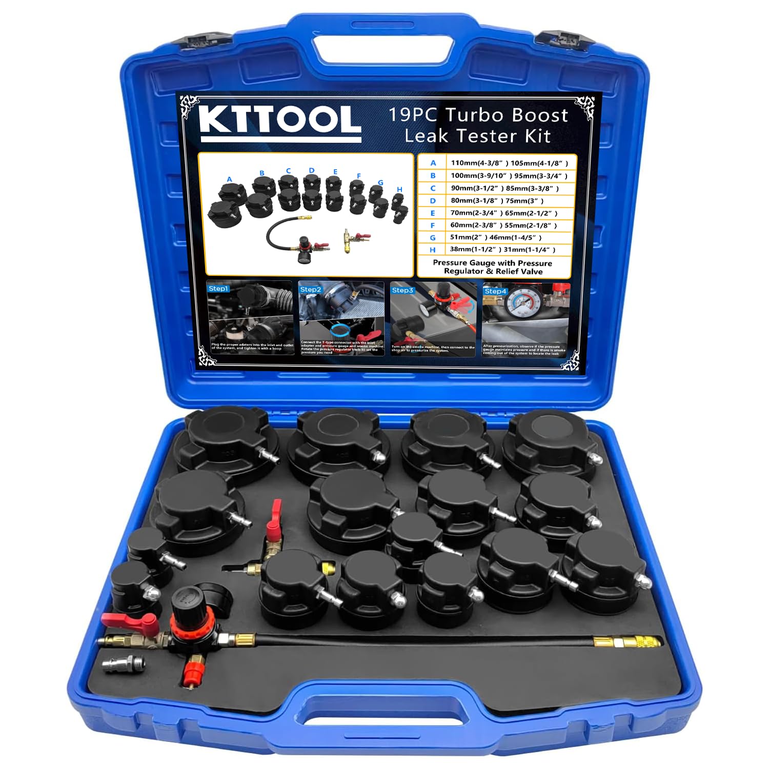 19PC Turbo Boost Leak Tester Kit, Boost Leak Test Set w Smoke Adpt Turbo System Pressure Leakage Tester 8 Pairs of Stepped Adapters 1-1/4” to 4-3/8
