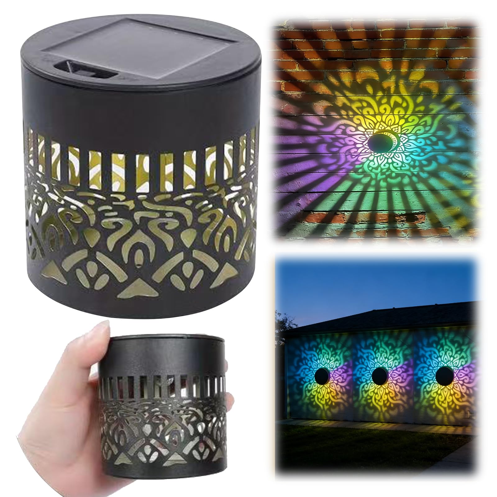 Solar Mandala Lights Outdoor, 7-Color Changing Garden Wall Lights with Projection Effect, Waterproof Metal Fence Lamp for Patio Backyard Post Decor, Gifts for Women (1Pcs)