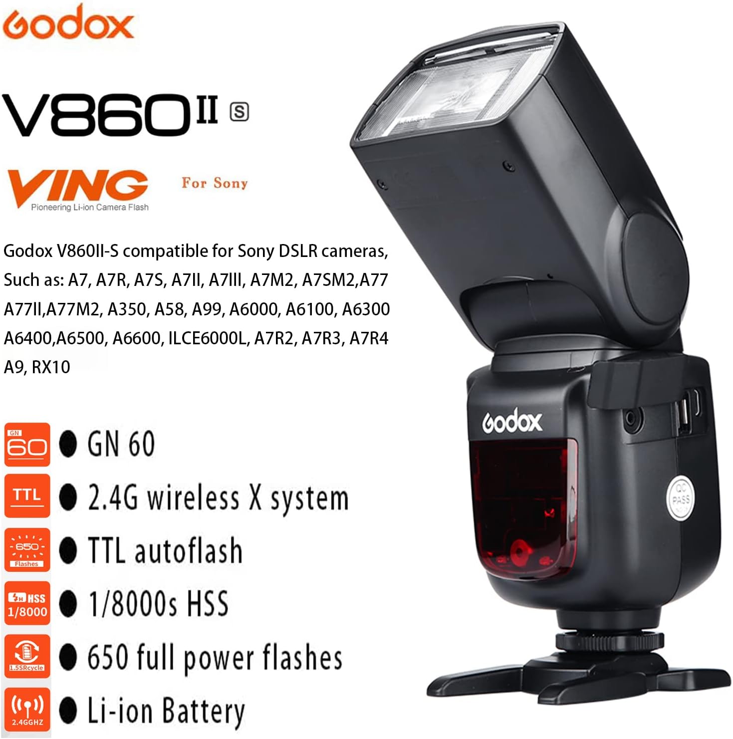 Godox V860II-S TTL Flash, 2.4G GN60 Speedlite,1/8000s High-Speed-Sync,2000mAh Battery, 650 Full Power Flashes Compatible with Sony a77II a7RII a7R a7s a77m2 a58 (V860iis Compatible with Sony)