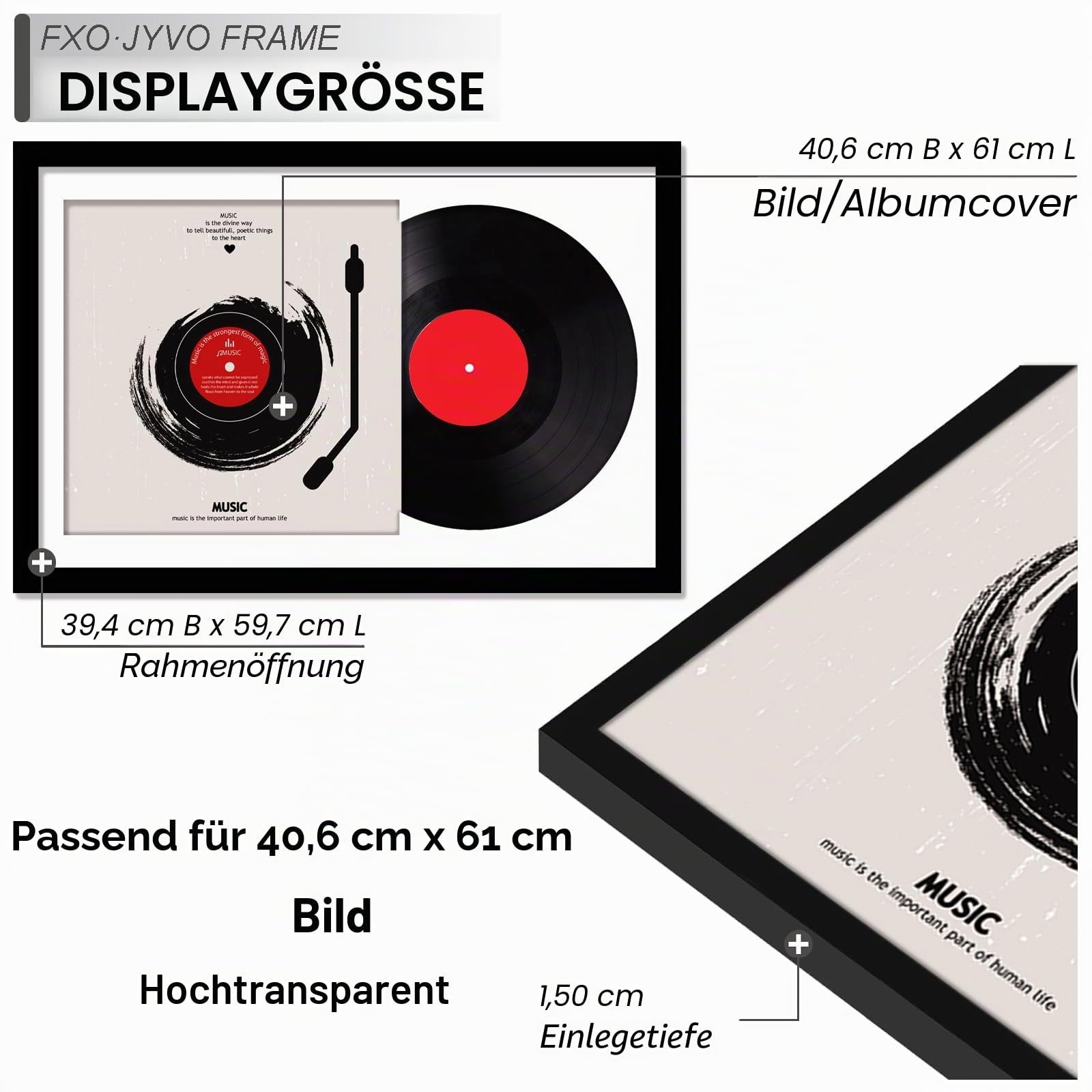 Schallplattenrahmen für 30,5 cm große LP mit 12,5 x 12,5 Albumcover | Schwarzer Rahmen, leicht, mit hochtransparenter Kunststoff-Wandhalterung, 40,6 x 61 cm, 2 Packungen/Schwarz