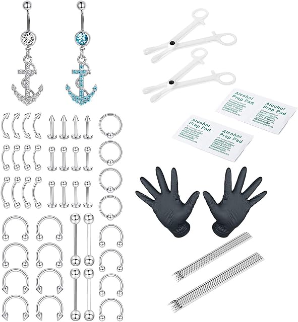 ADRAMATA 64Pcs 14G 16G Professional Piercing Kit Stainless Steel Belly Rings Lip Nose All Body Piercings Kits Jewellry