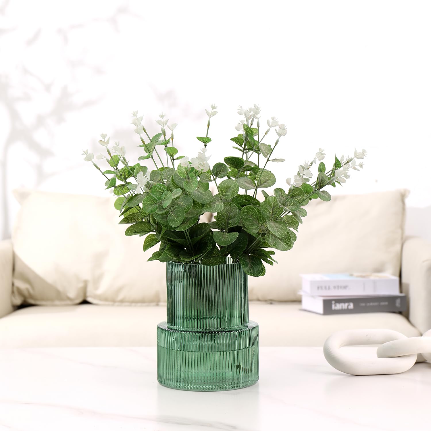 Jarrón de cristal verde, jarrones acanalados para flores, florero para tulipanes, jarrones modernos para sala de estar, mesa de comedor, entrada, manto, estante, boda, oficina, 19 cm