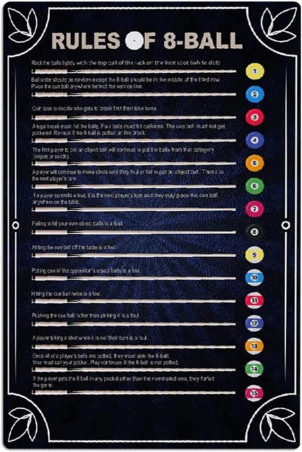 SMAZDFXX Rules Of 8-ball Metal Tin Sign Vintage Beginner's Guide To Billiards Posters Billiard Hall Pool Room Club Home Wall Art Decor Plaque 8x12 Inches