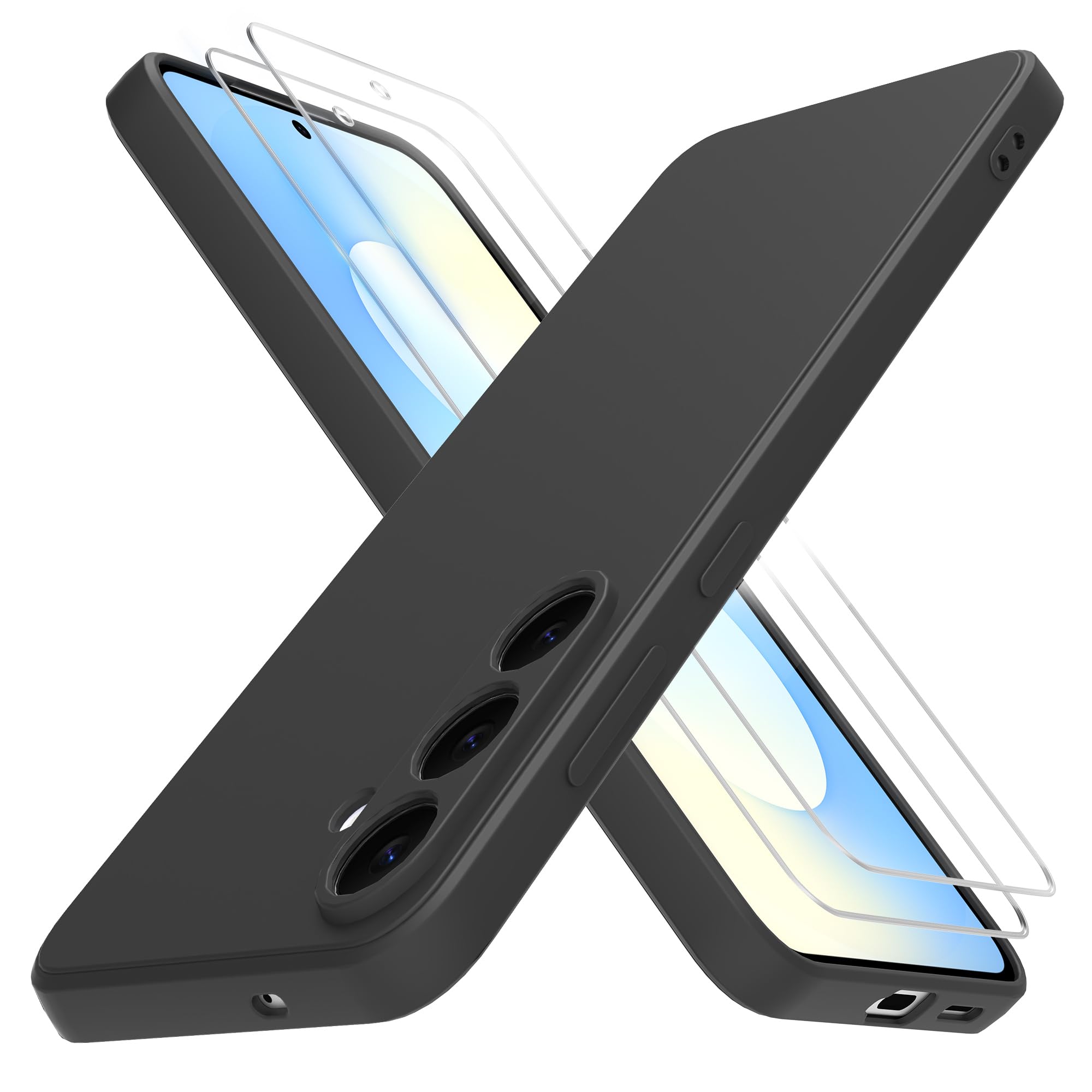 THIYUFUNS Hülle für Samsung Galaxy S25 FE 5G Handyhülle mit 2 Stück Schutzfolie, TPU Silikon Liquid Silicone Dünne Weiche Stoßfest Case Schutzhülle für Samsung Galaxy S25 FE 5G - Schwarz