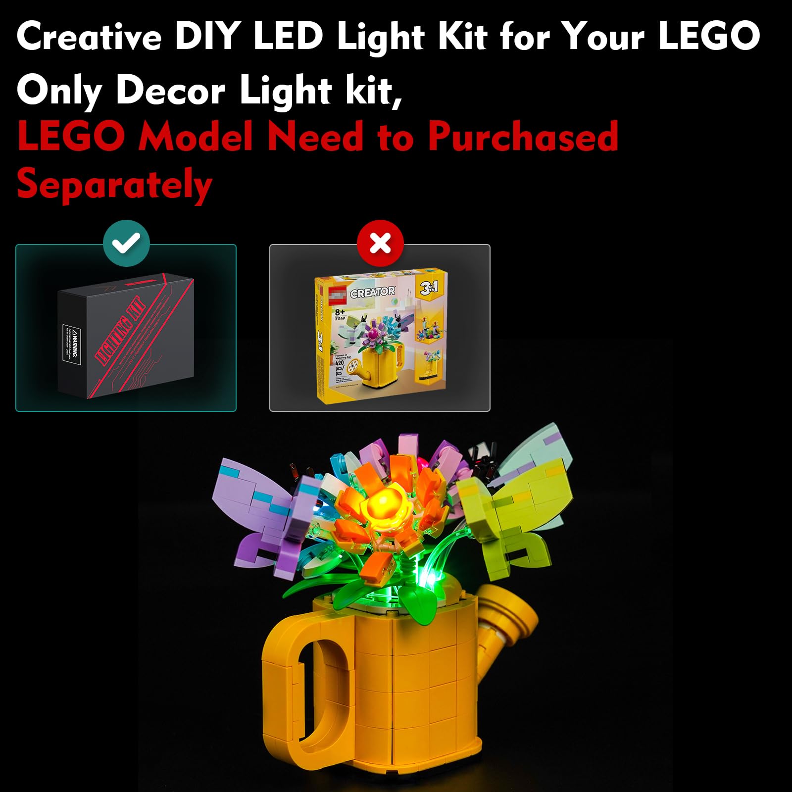 Light Kit for Lego Flowers in Watering Can Lighting Set for Lego 31149 3in1 Flowers in Watering Can, Not Include Models - Image 2