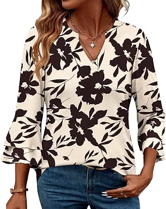 Women's 3/4 Sleeve V-Neck Tunic - Ruffle Sleeve Loose Fit Business Blouse