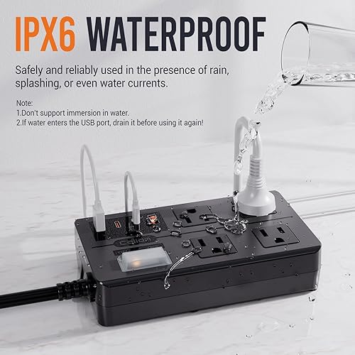 Miniatura 3 de Tira de alimentación para exteriores resistente a la intemperie, IPX6, cable de extensión impermeable con múltiples salidas con puertos USB,