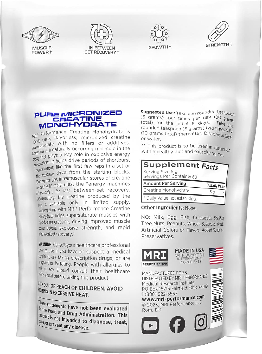 MRI Performance Creatine Monohydrate Powder 5g,100% Pure Micronized Creatine Supplement, Muscle Growth & Recovery, Build Muscle, Increase Strength, Performance, Endurance, 300g, 60 Serv, Unflavored - Image 7