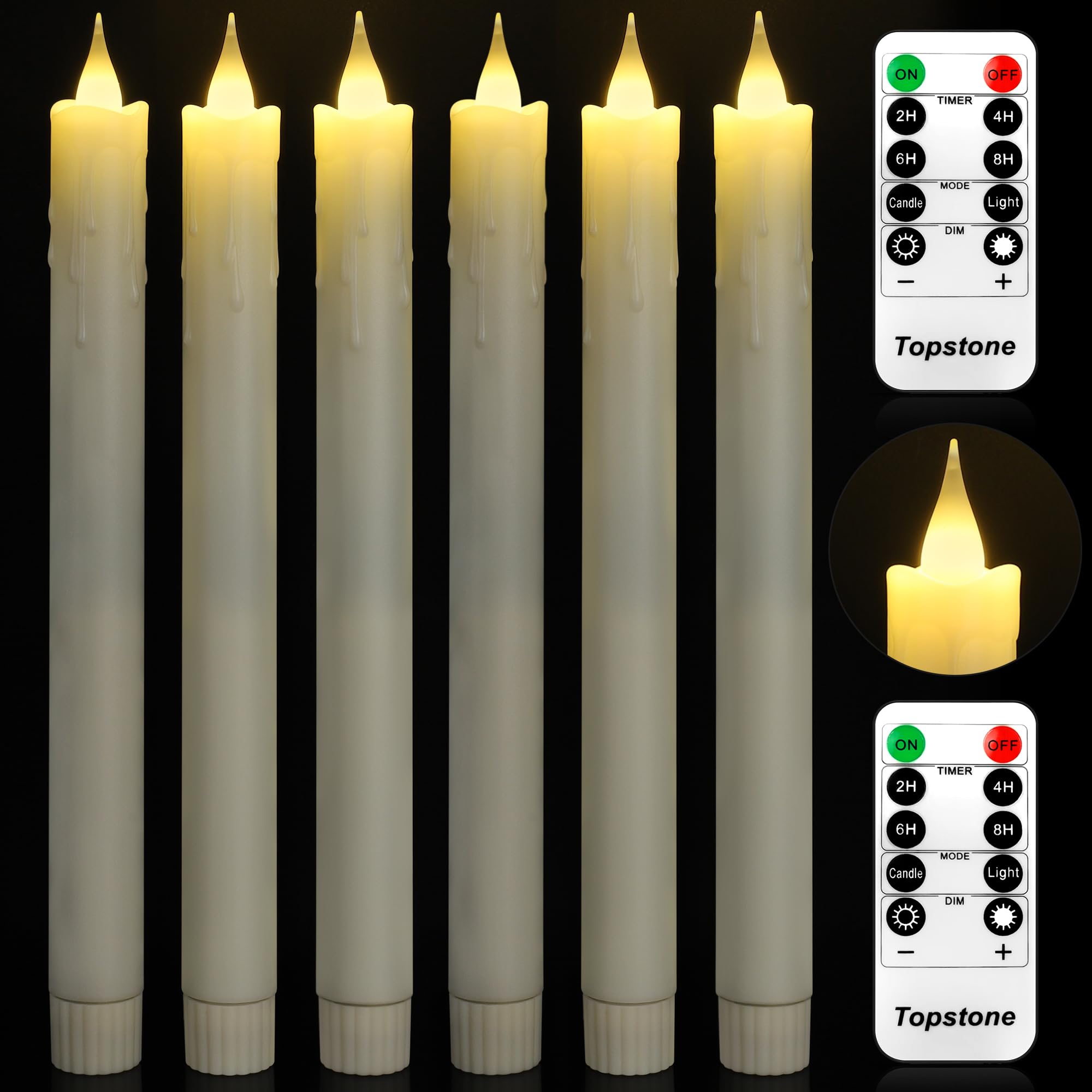 Topstone Velas cónicas con control remoto, velas decorativas sin llama de 9.5 pulgadas, funcionan con pilas con temporizador y función de atenuador, velas cónicas LED sin goteo, juego de 6