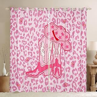 Manfei Western Cowgirl Window Curtains Pink Cowboy Hat Boots Window Drapes for Kid Girl Room Decor, Pink Leopard Print Window Treatments Grommet Top 2 Panel Set Bedroom Curtains, 52Wx63L inch