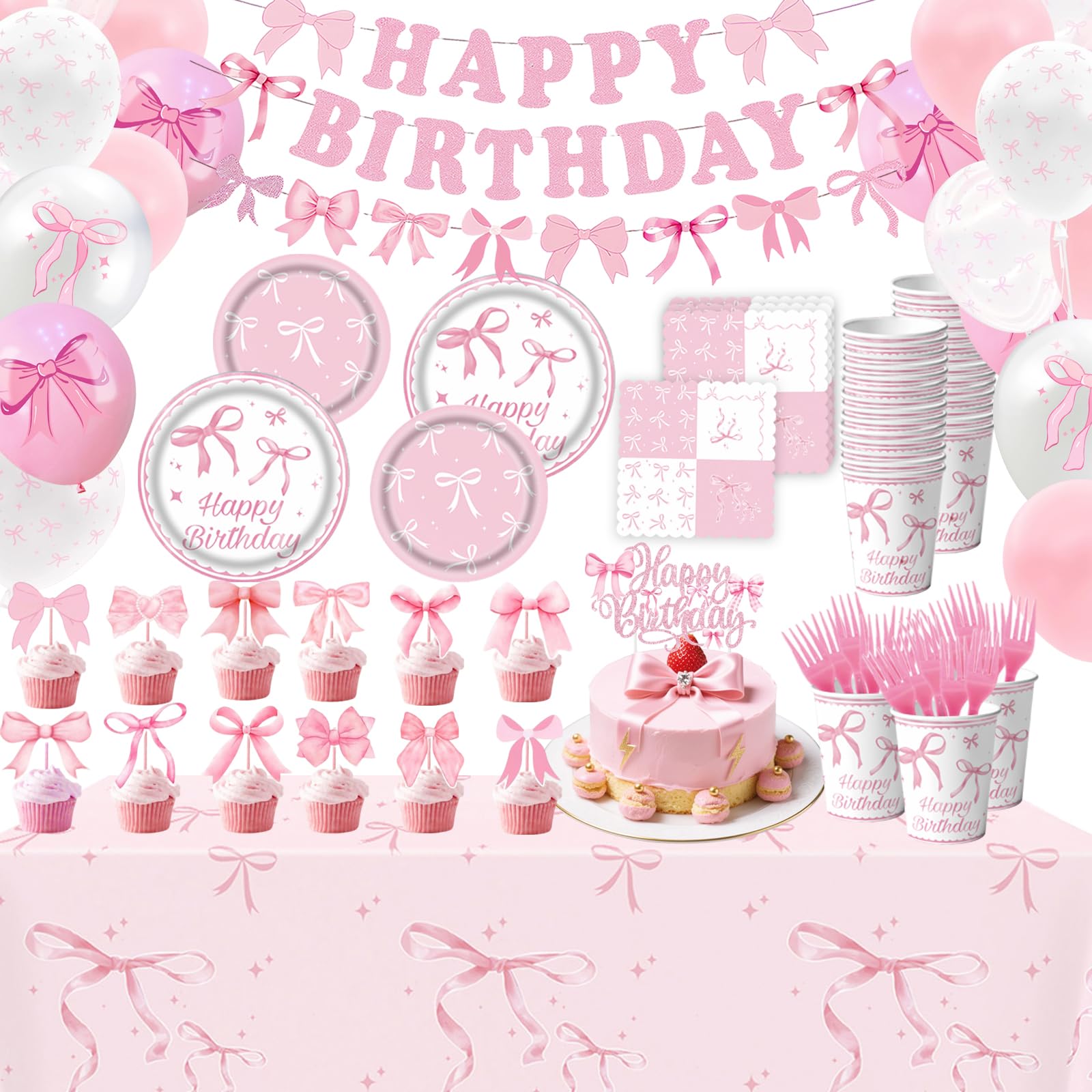 MYUPDALIN Pink Bow Birthday Decorations Serve 24, Coquette Birthday Decorations Includes Plates, Napkins, Cups, Cutlery, Banner, Balloons for Girls