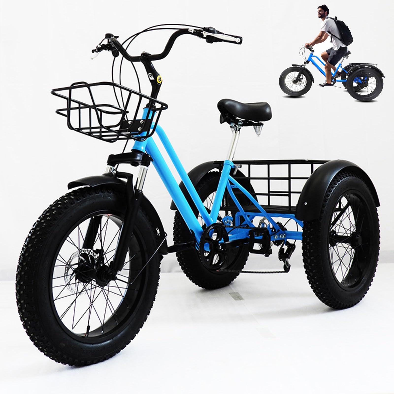 Rower trójkołowy dla dorosłych, 20 cali, 7 biegów, opony fatbike 4,0", kosz na zakupy i błotniki do codziennego użytku, niebieski