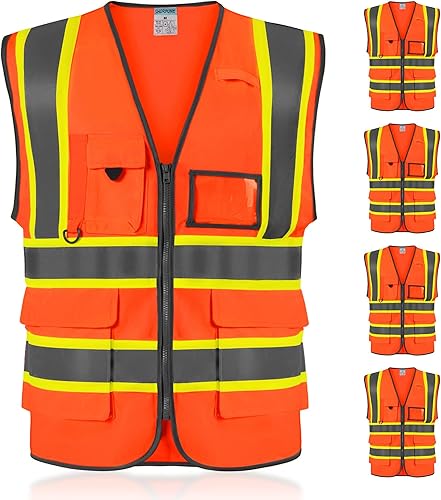 Miniatura 7 de SHORFUNE High Visibility Safety Vest with Pockets, Mic Tab, Reflective Strips and Zipper, ANSIISEA Standards