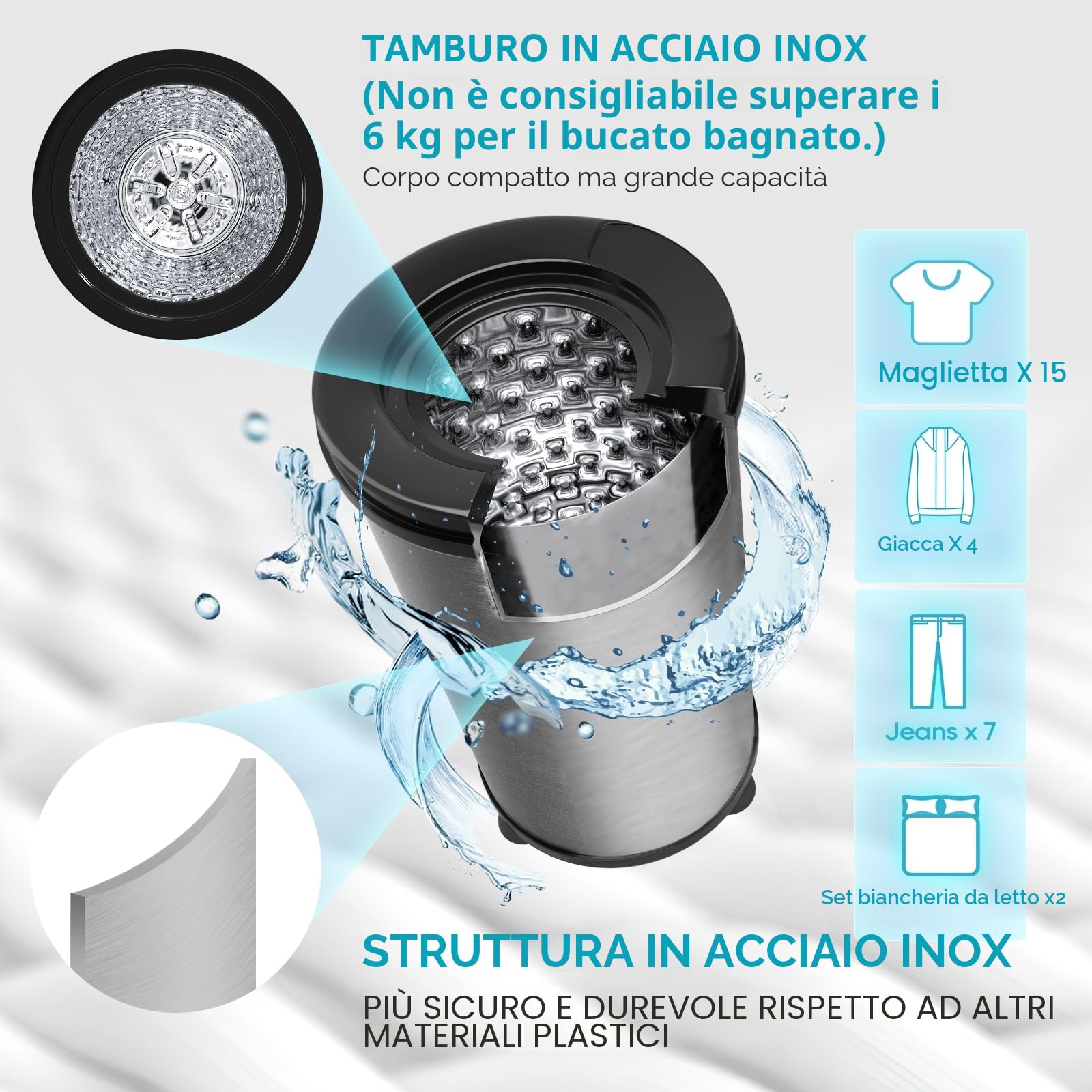 Centrifuga per Biancheria 6kg, 2800 RPM Risparmio Energetico, Argento