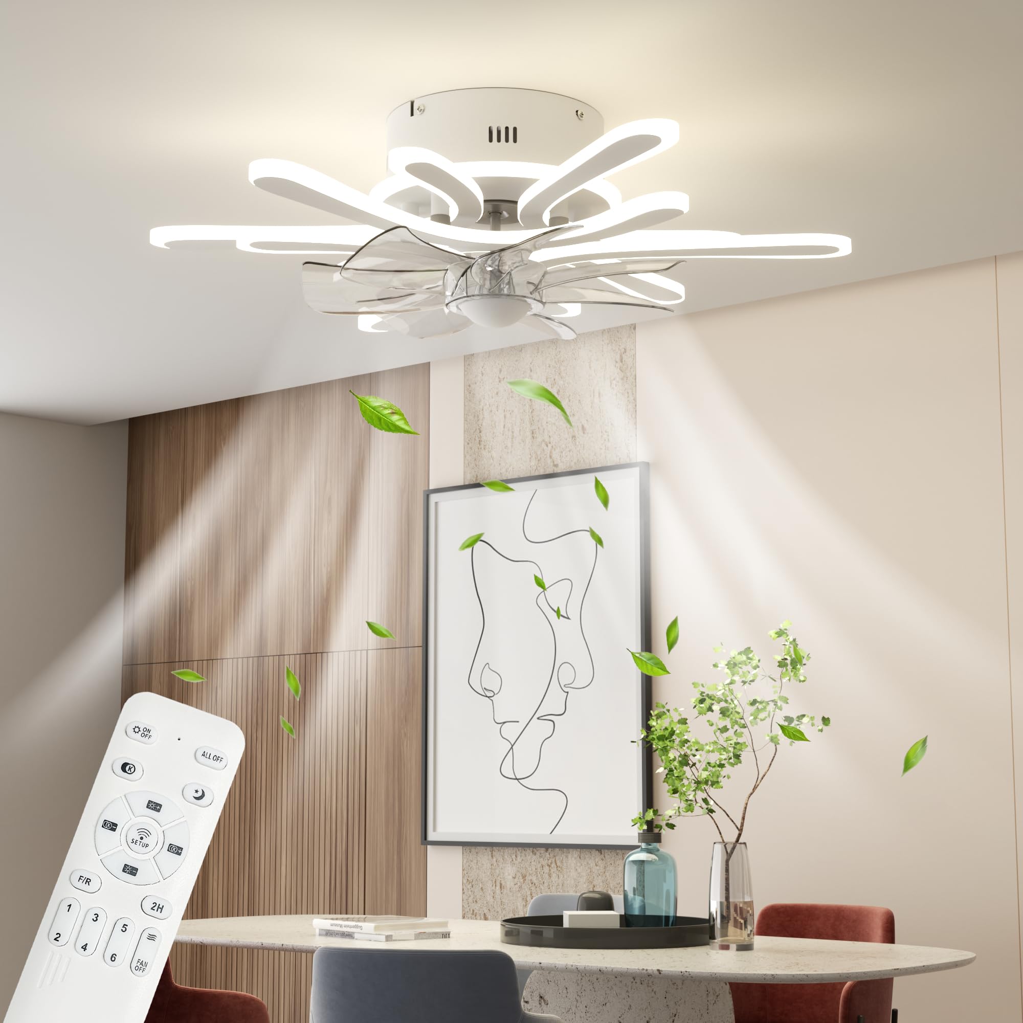 Ventilatore da Soffitto con Luce Plafoniera LED Soffitto e Telecomando, Lampadario ventilatore da soffitto con Timer, Luminosità e Temperatura Colore Regolabili (6 luci/36W, Bianco)