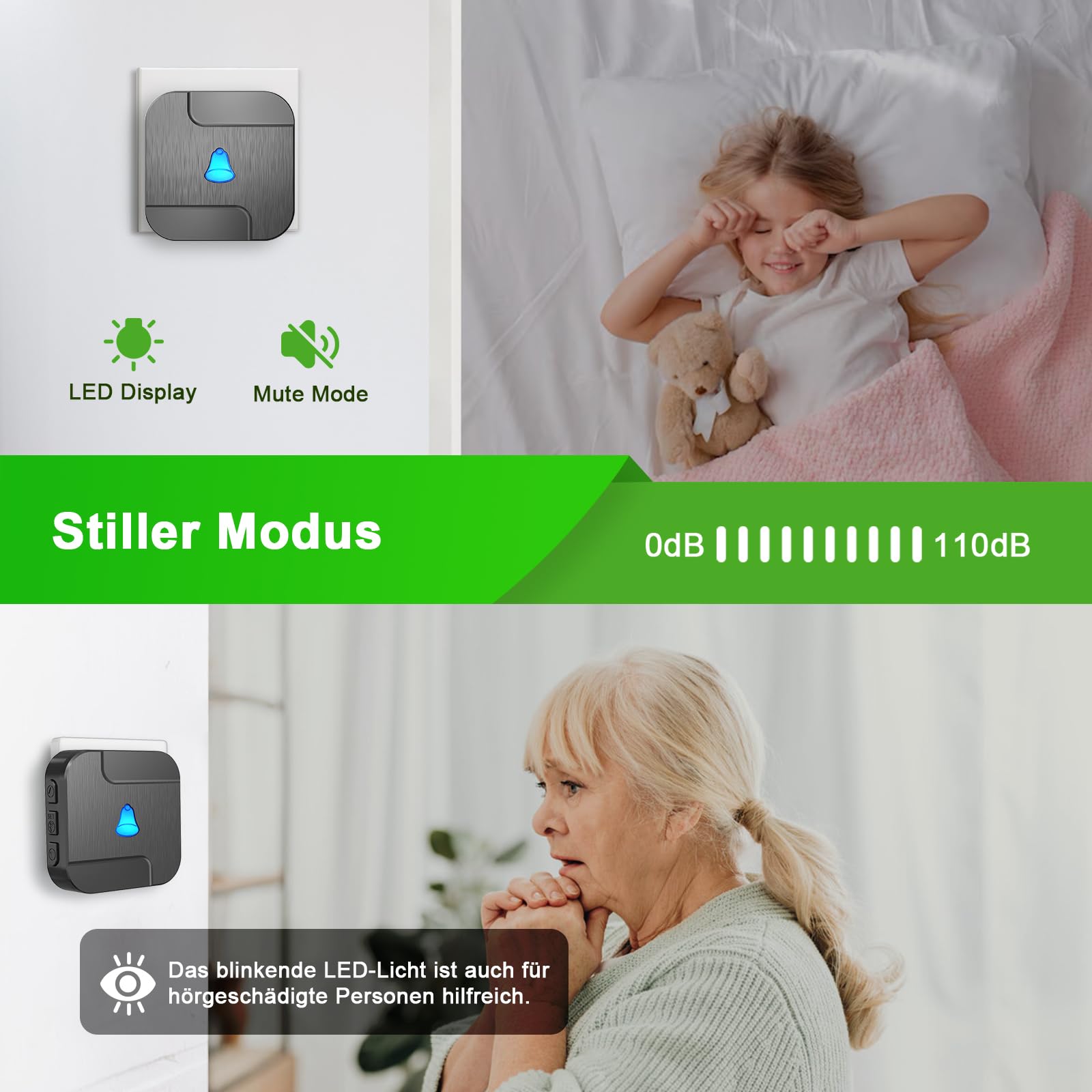 SURFOU Bezprzewodowy dzwonek do drzwi 300 m wodoodporny zestaw 2 odbiorniki wtykowe 55 melodii 5 poziomów głośności LED niebieski czarny