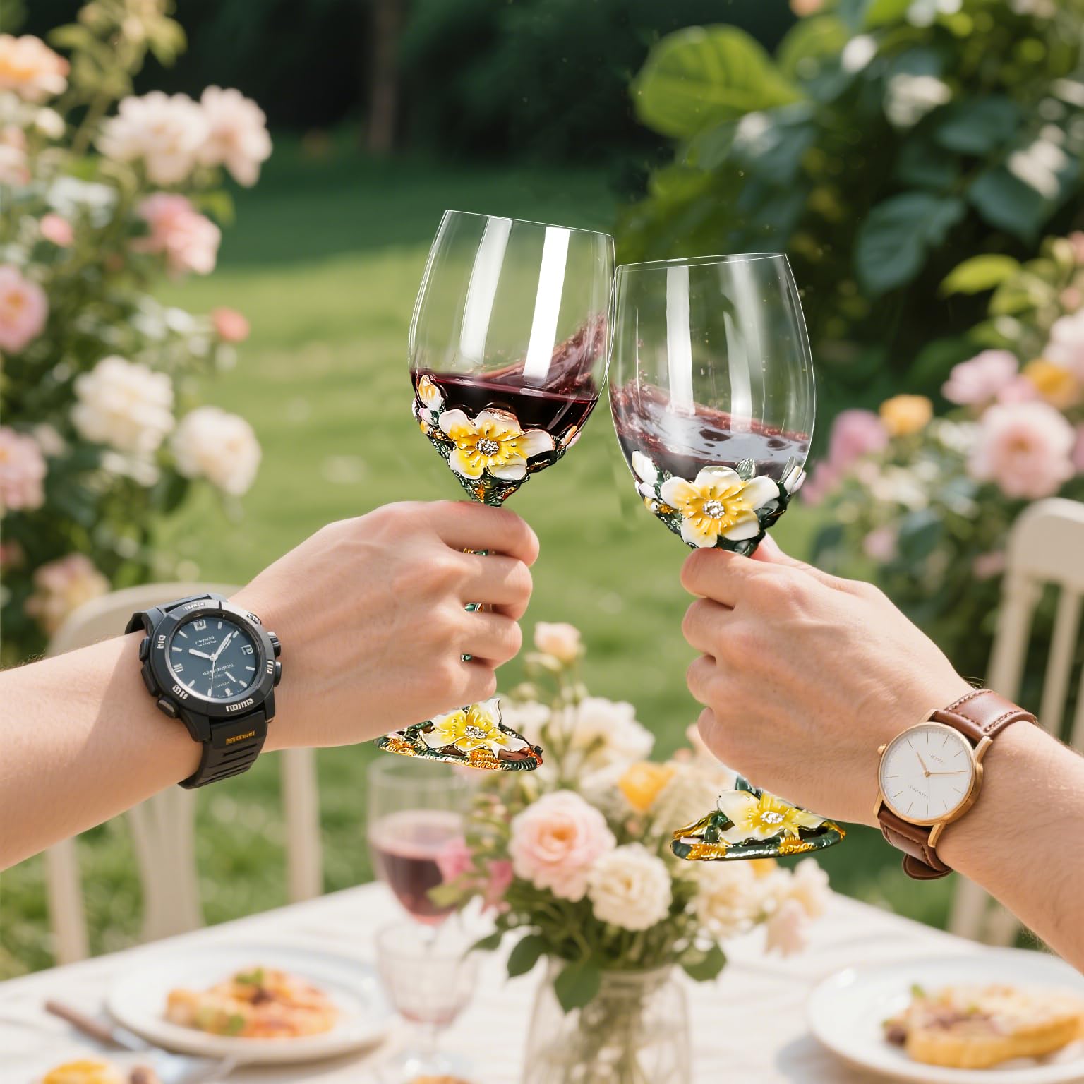 XUDREZ Painted Enamel Flower Lead-Free Wine Glasses,320ml/10.8 OZ Red/White Crystal Wine Glasses (Apricot Blossom Red) - Image 2