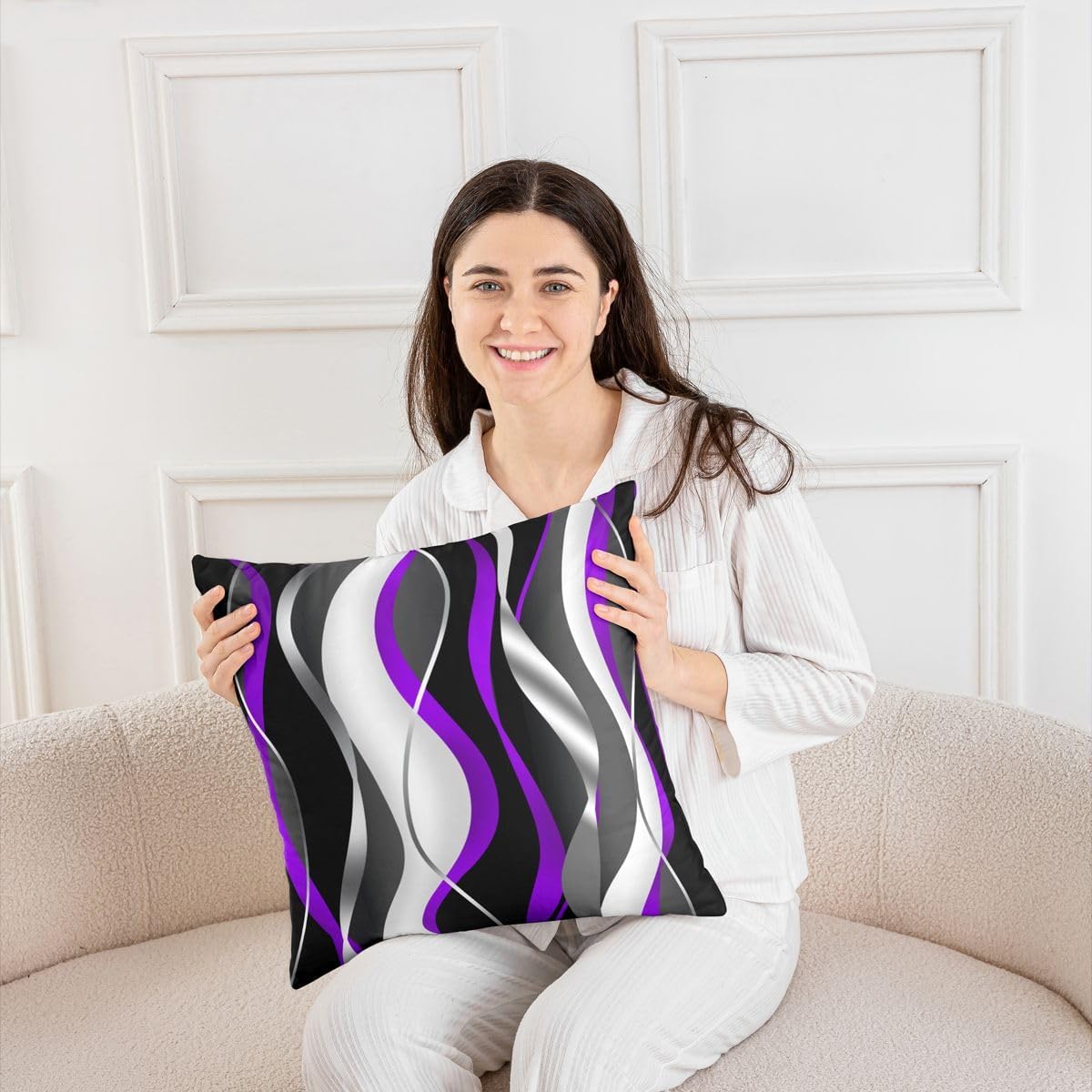 Stripes Purple Black White Throw Pillow Covers 24"x24" Set of 2 Soft Geometric Pillow Cases Cushion Covers For Living Room Bedroom Modern Striped Art Decorative Throw Pillowcases for Sofa Couch Chair