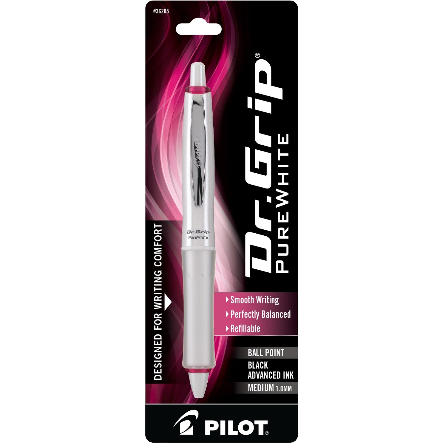 PILOTDr. Grip PureWhite Refillable & Retractable Ballpoint Pen, Medium Point, Pink Accents, Black Ink, Single Pen (36205)