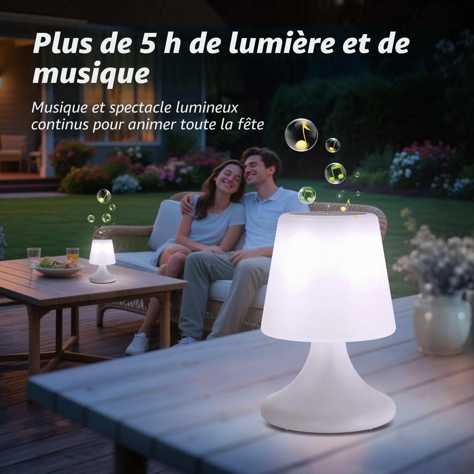 MALUX Lot de 2 lampes de table avec haut-parleur LED sans fil et batterie - Haut-parleur étanche sans fil - Pour chambre à coucher, salon, terrasse, jardin