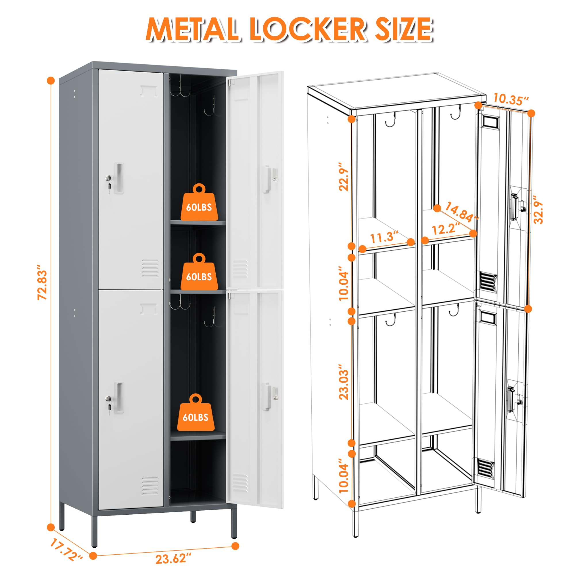 Aobabo 185H x 60B x 45T cm Stahl Schließfach, 4 Tür Schrank für Mitarbeiter, Dunkelgrauweiß