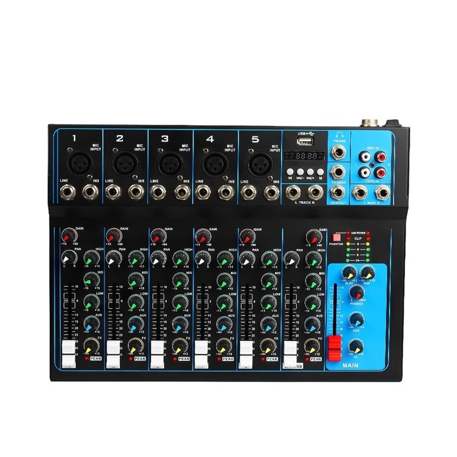 Mezclador de audio, Mesa mezcladora de sonido profesional, mini USB for escenario, estudio en vivo, DJ, KTV, espectáculos, 7 canales