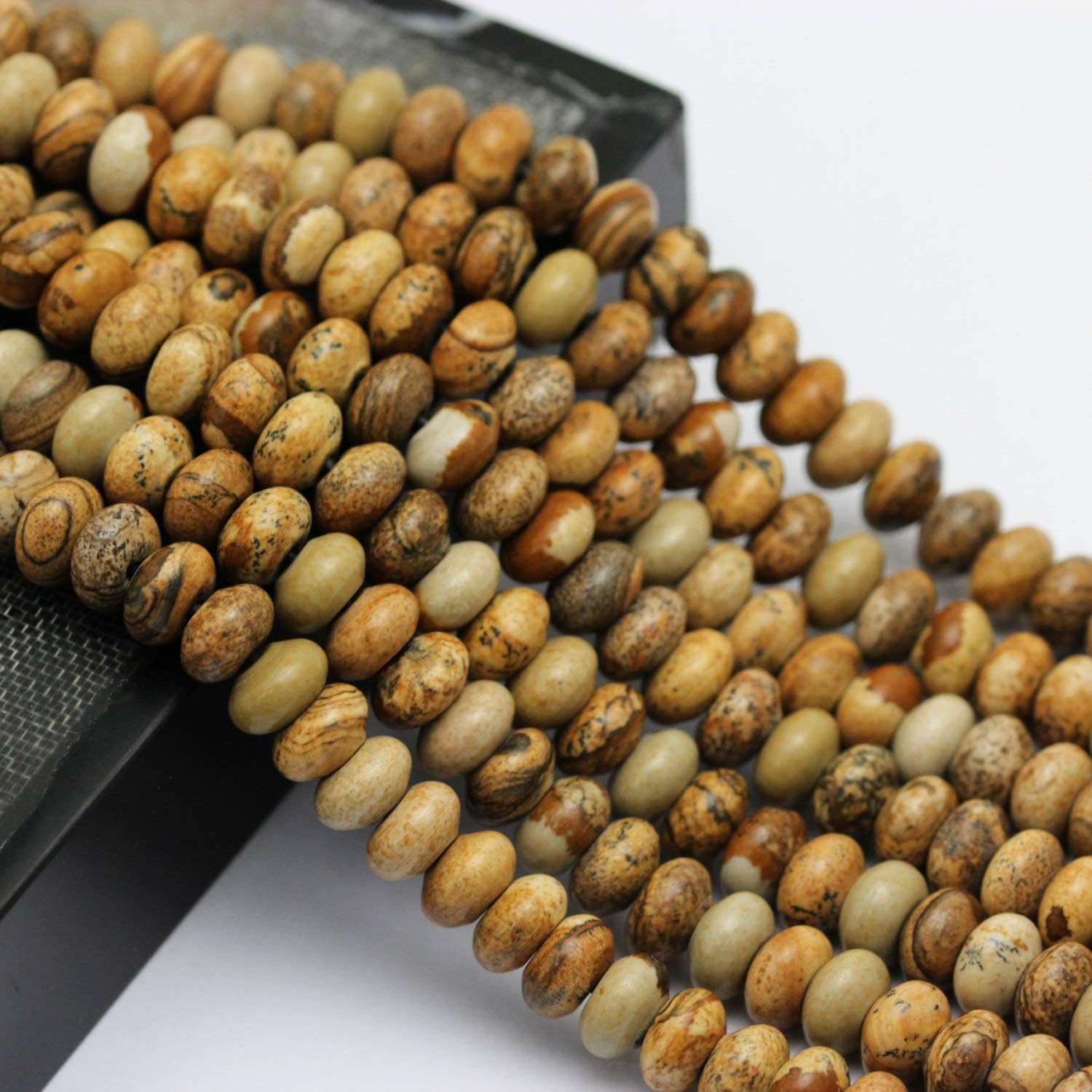 JM Design 2.0mm Hole Picture Jasper Smooth Polished Rondelle Loose Gemstone Beads Size 5x8mm 8 Strand for Jewelry Making, Arts and Craft