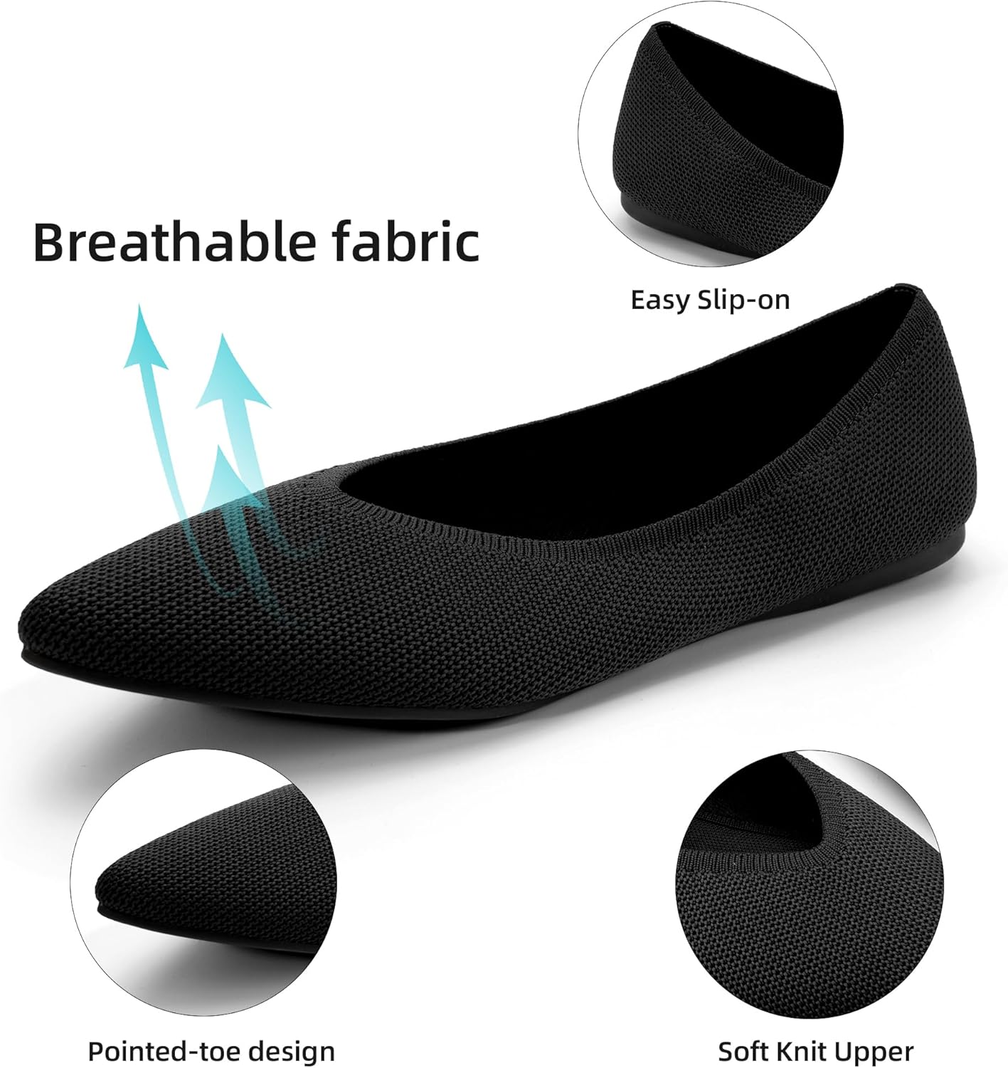 AprCoco Womens Ballet Pointed Toe Knit Flats Lightweight Washable Slip On Flats Shoes for Women Comfort Work Dressy