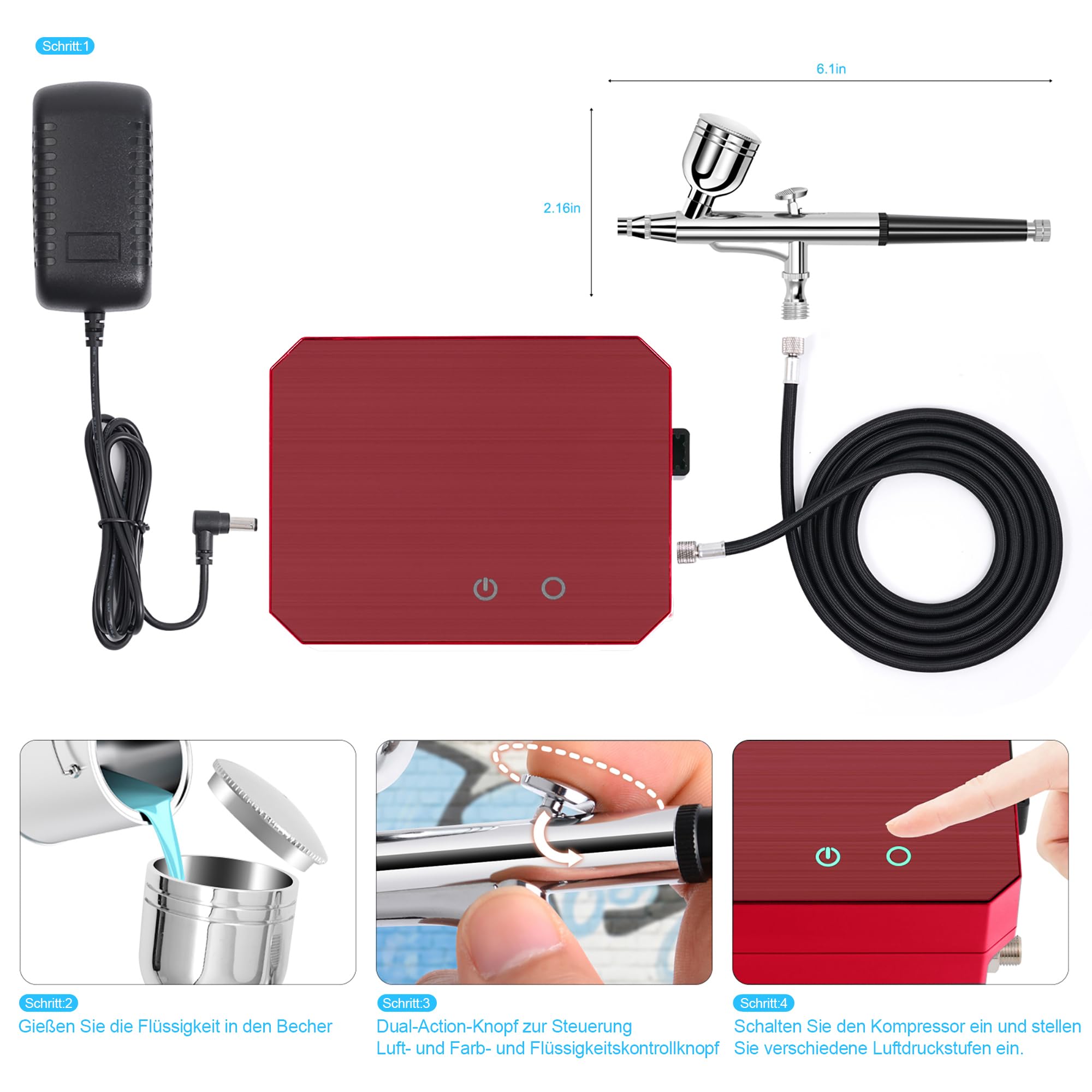 40PSI Airbrush Set Kompressor Dual Action 3 Modi 0,3/0,3/0,5mm Düse 9CC Tasse Airbrush Pistole für Makeup, Kunsthandwerk, Nageldesign, Tattoo-Modellierung, Malerei, Rot