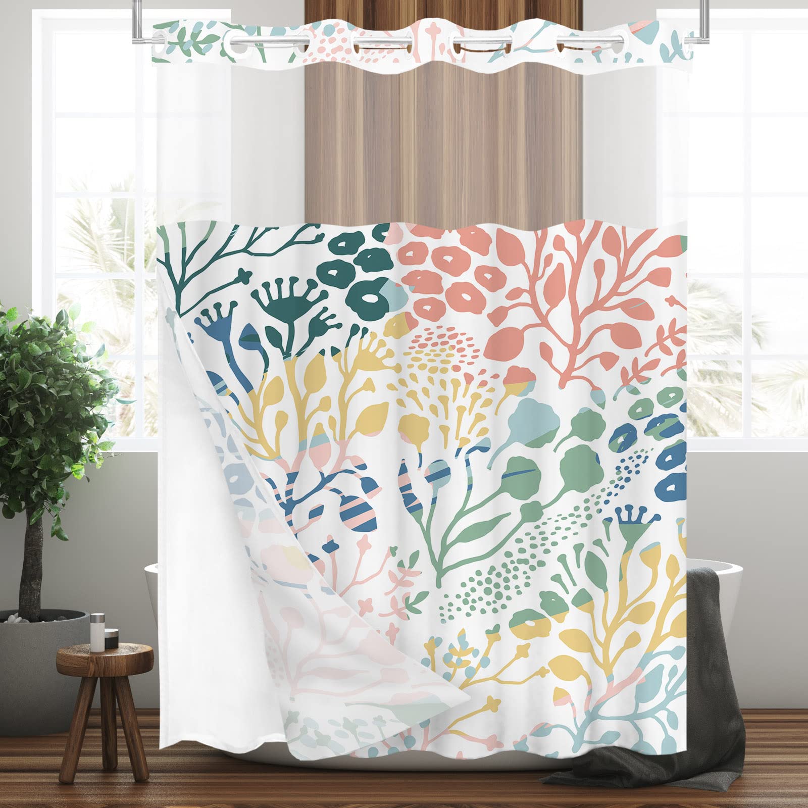 Tititex No Hooks Snap in Liner Colorful Coral Shower Curtain, Hotel Luxury Double Layers Waterproof Fabric & See-Through Top Window Bathroom