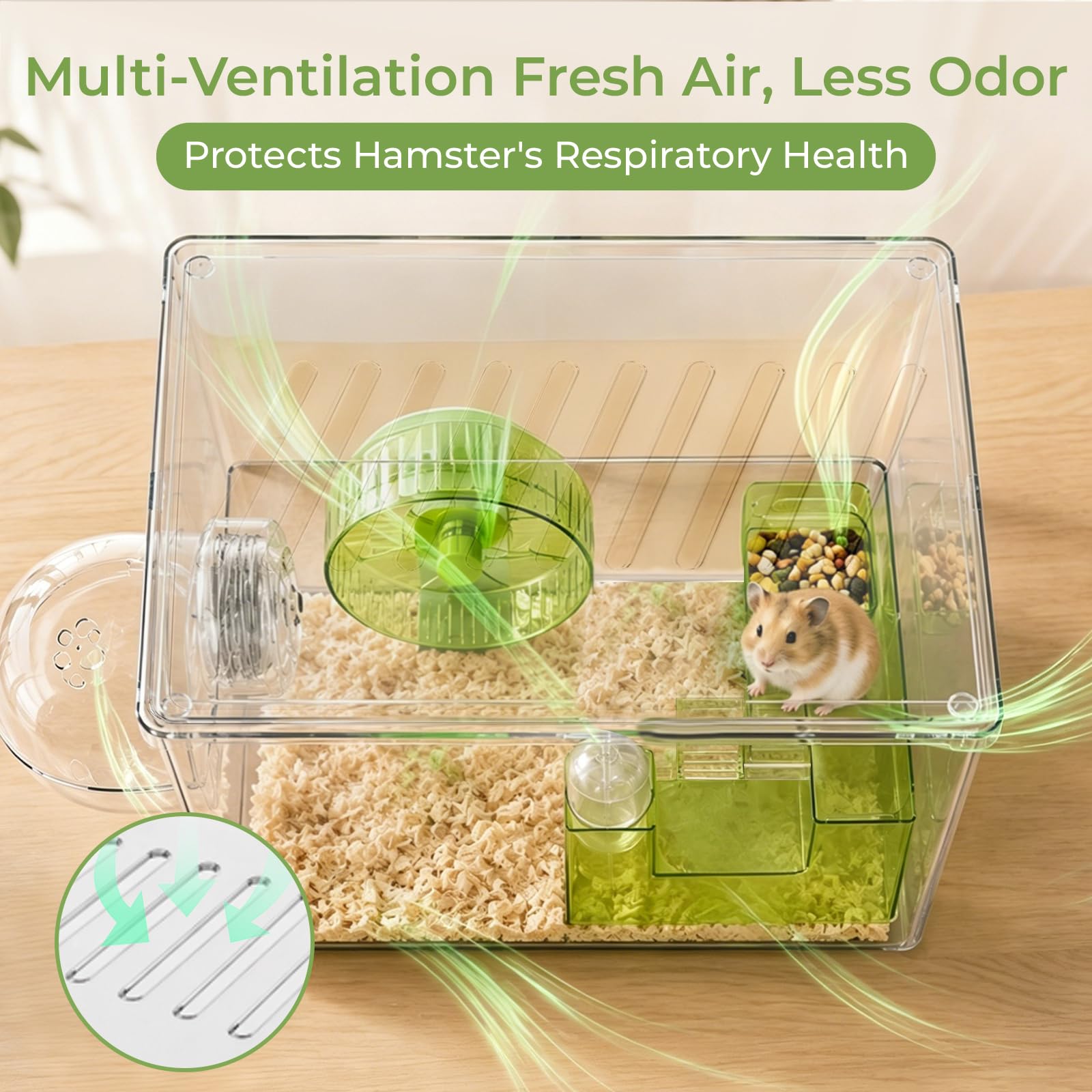 Gabbia per Criceto 360° Vista Ventilata 2Piani+7Accessori | 31,5x21,5x20,5cm, 2 piani, vista 360°, ventilata, 7 accessori, per topi e criceti, verde