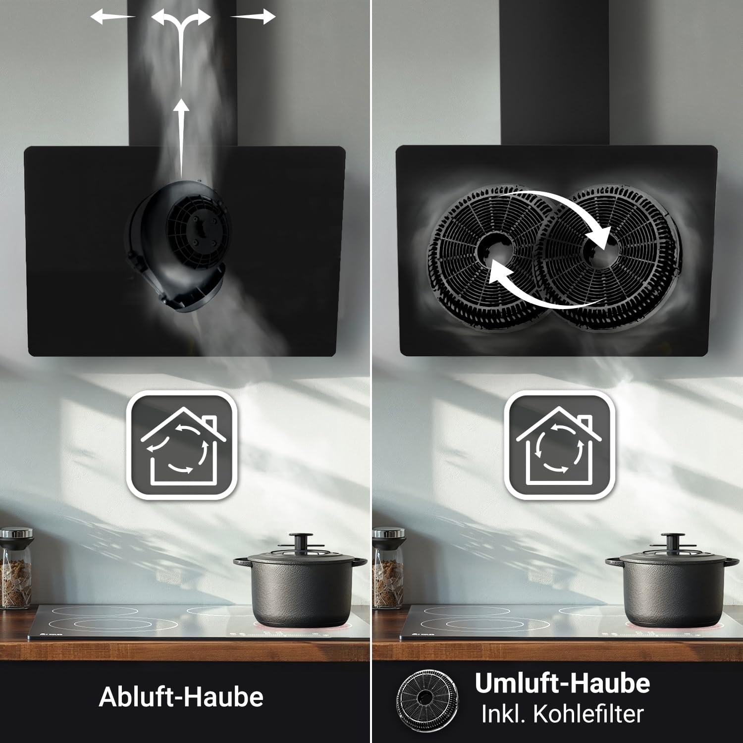 KKT KOLBE Afzuigkap 60 cm, kopvrije wandkap, zwart glas, wifi, automatische naloopfunctie, RGBW-ledverlichting, sensortouch-bediening, EASY609SHCM