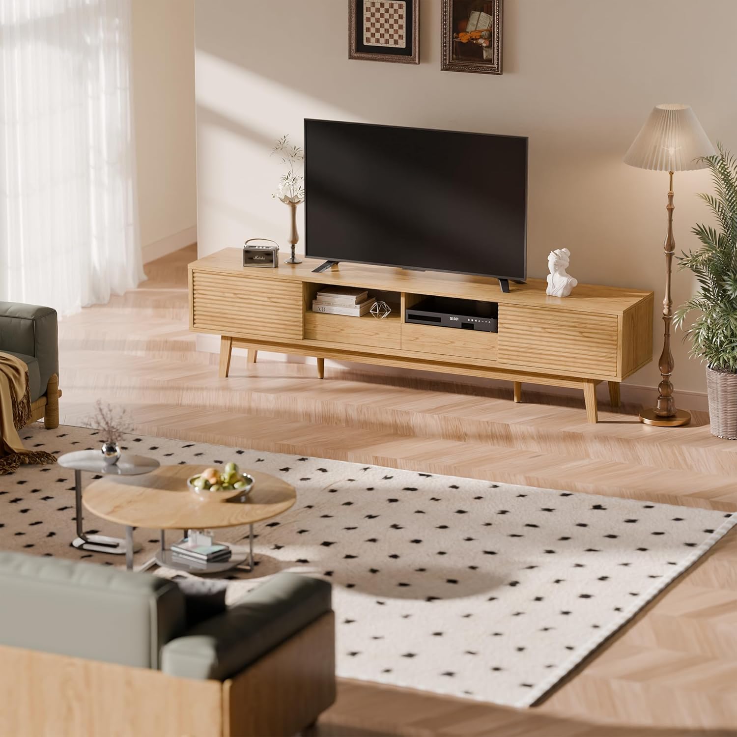 TOLEAD 70" TV Console, Mid Century Modern Media Console for 55/65/75 Inch TV, Low Profile TV Stand with Fluted Sliding Doors, Boho Light Wood Credenza for Living Room, Oak